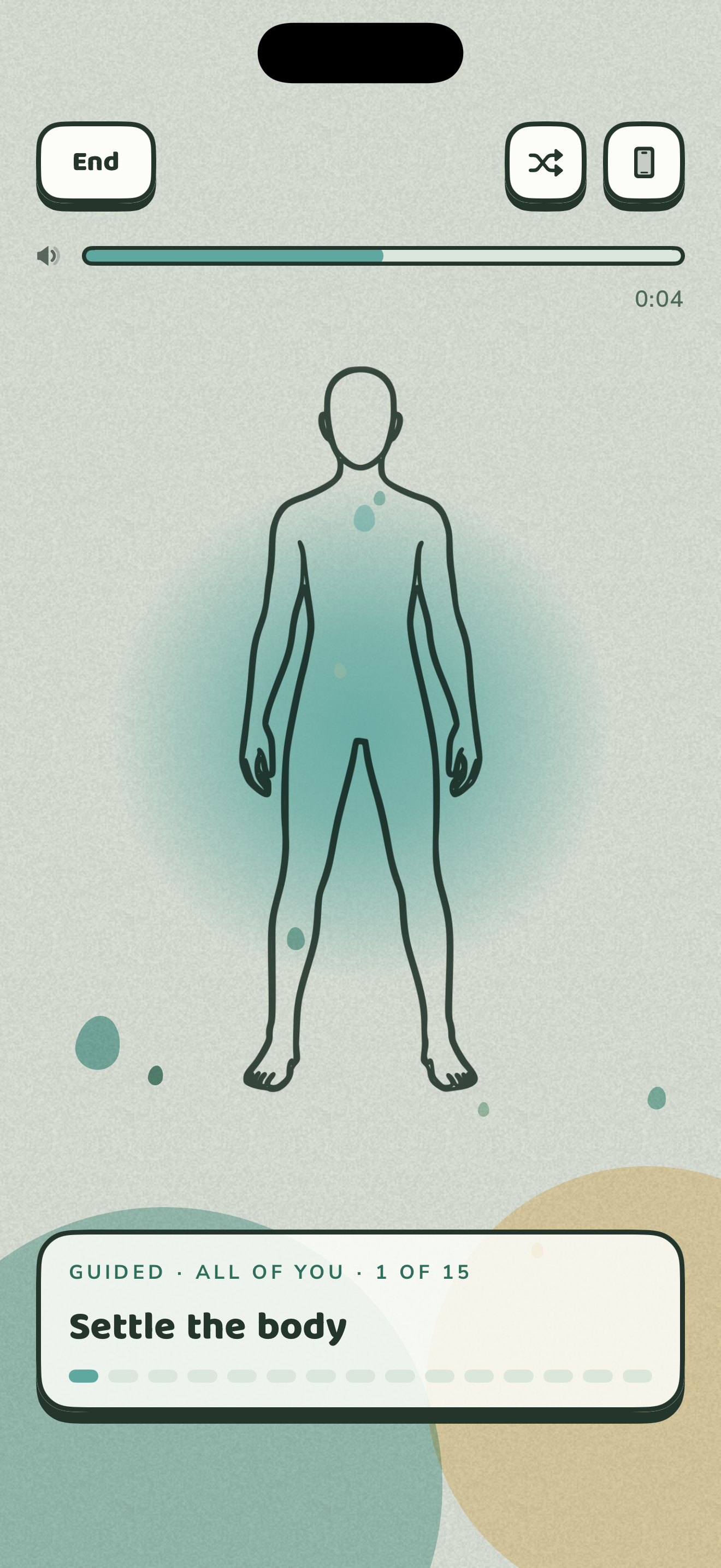 The Relax sit screen early in a session: the body figure with a warm glow at the head and the prompt card below