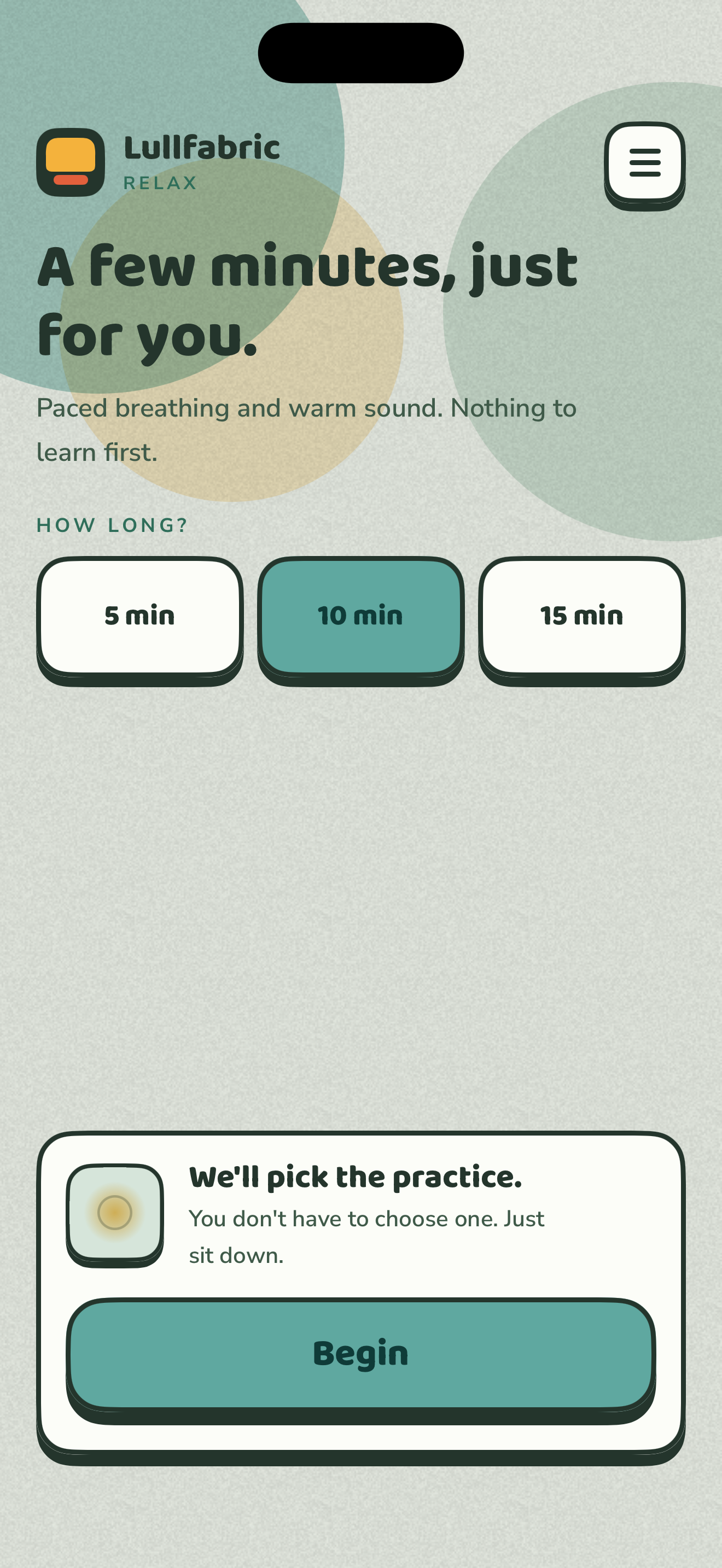The Relax home screen: three length chips and a Begin card