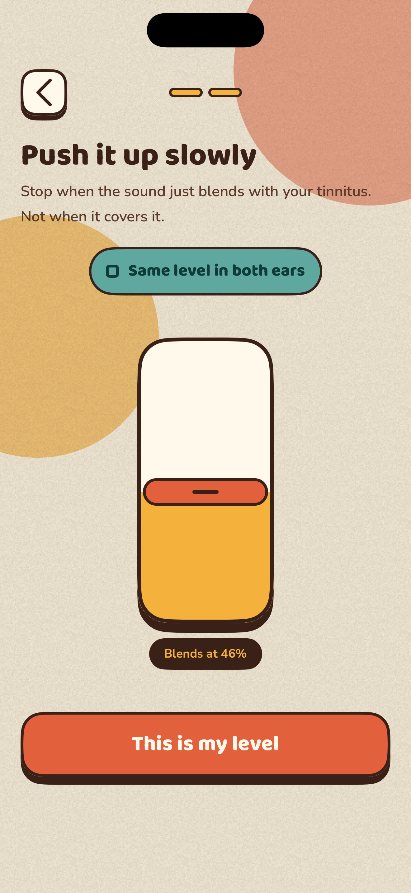 The Find your level screen: a tall lever filled with amber and a coral handle, with the readout Blends at 34 percent
