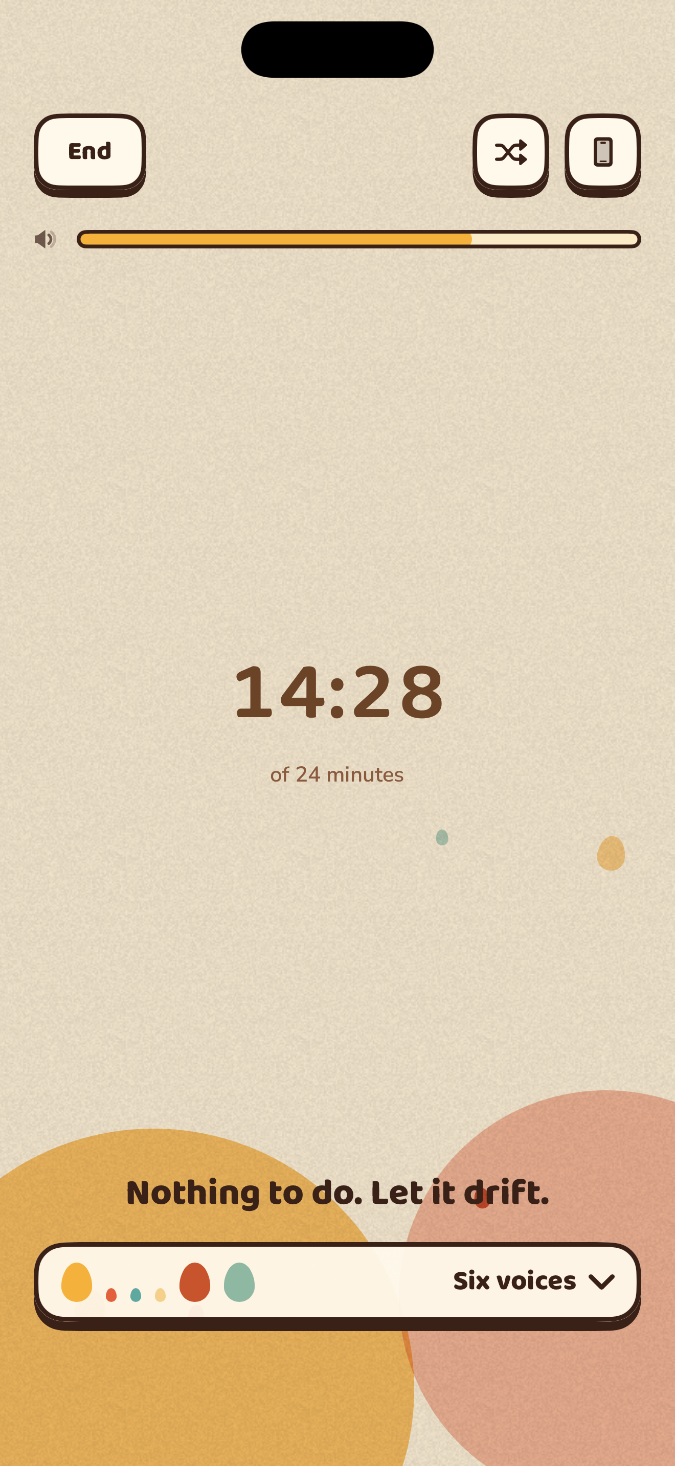 A running session: a soft timer reading 14:28 of 24 minutes, embers rising from a warm fire at the foot of the screen, and a collapsed Six voices strip