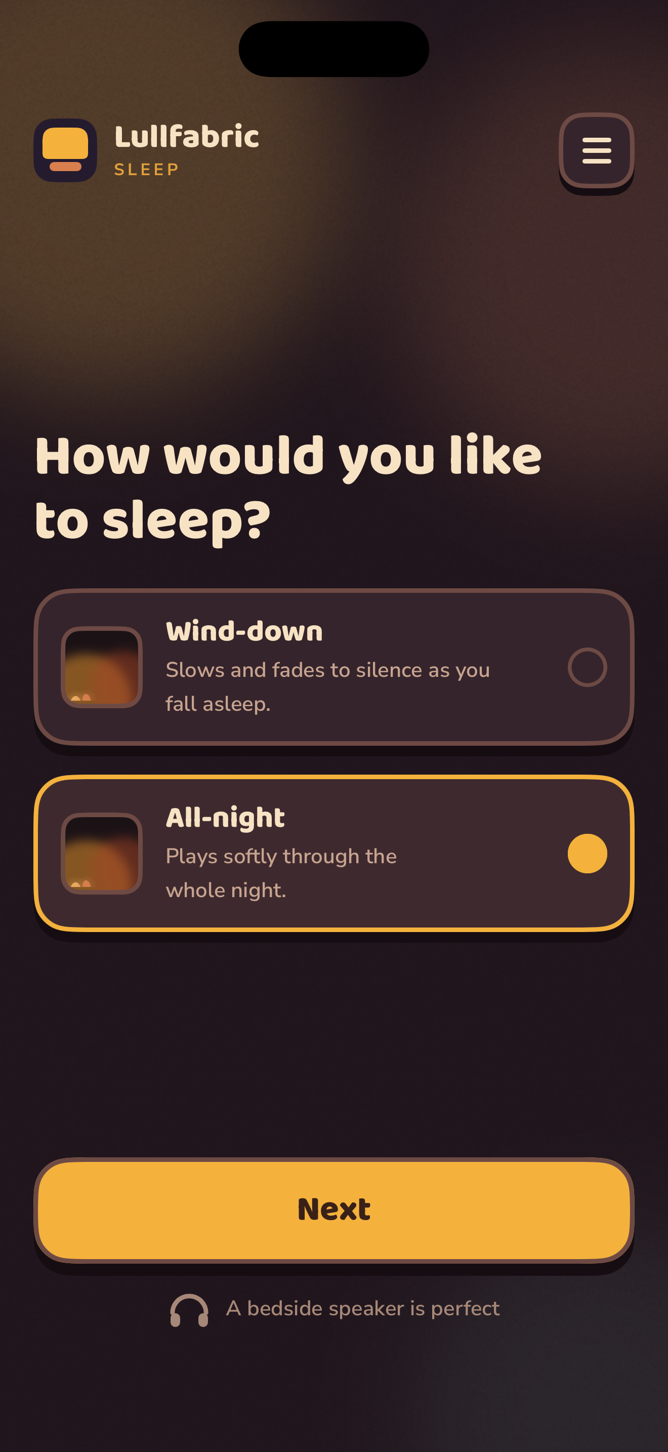 The Sleep mode screen with All-night selected