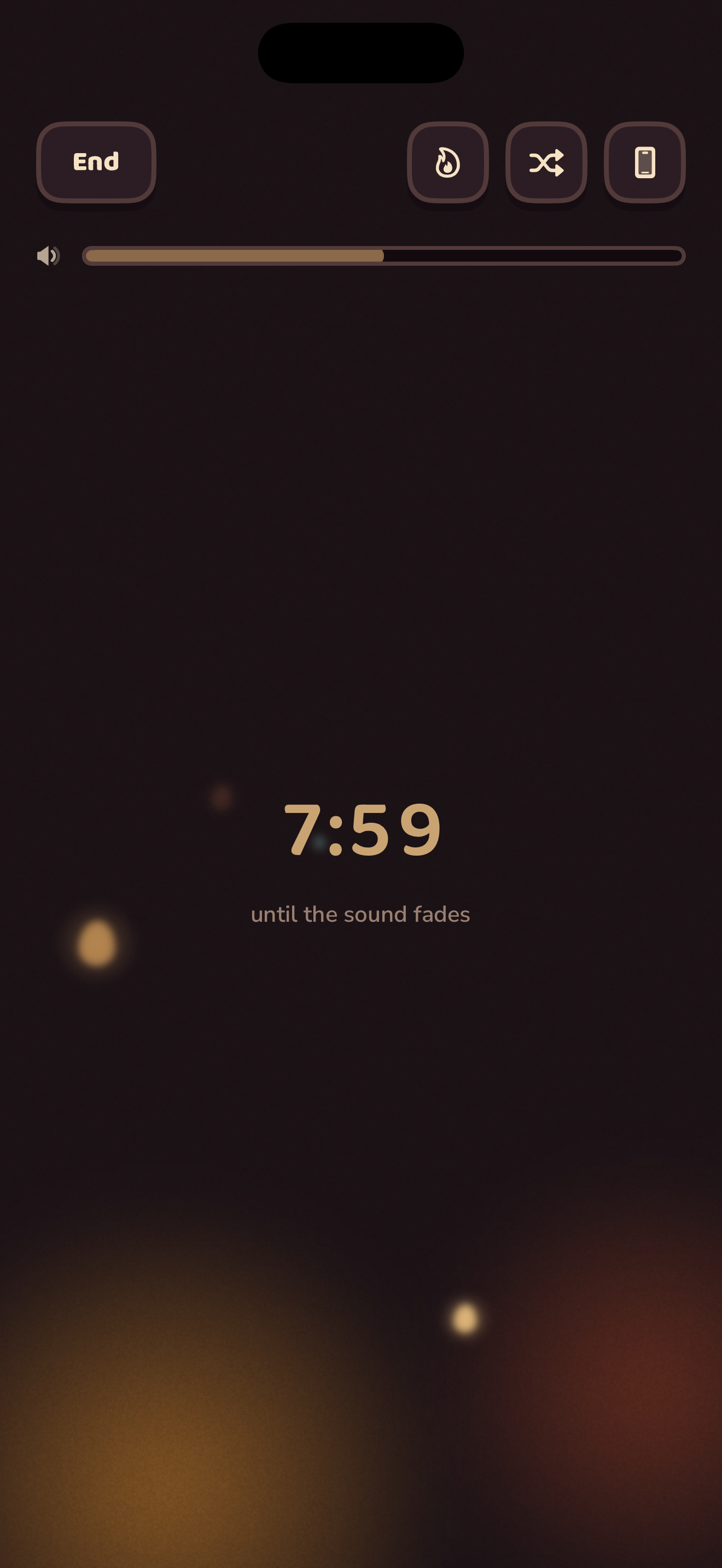 The Sleep night screen: a soft timer reading 7:59 until the sound fades, with blurred embers rising from a warm glow at the foot of the screen