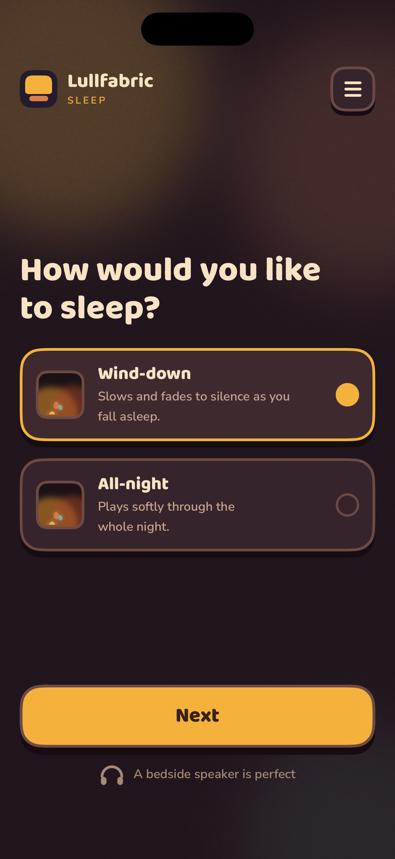 The Lullfabric Sleep mode screen at night: the heading How would you like to sleep, with Wind-down and All-night cards and an amber Next button